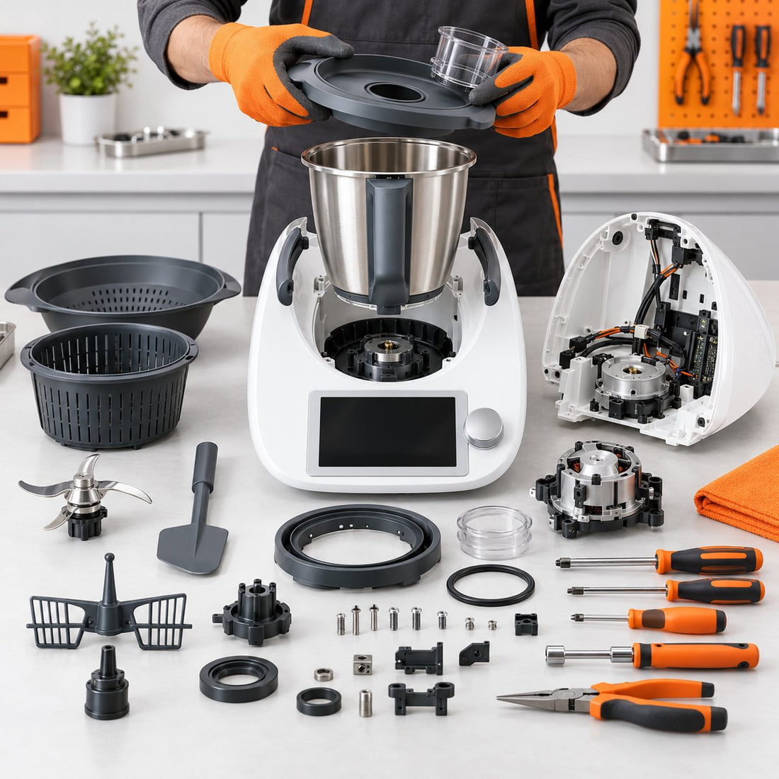 Zerlegter Thermomix mit neuen Verschleißteilen und Werkzeug