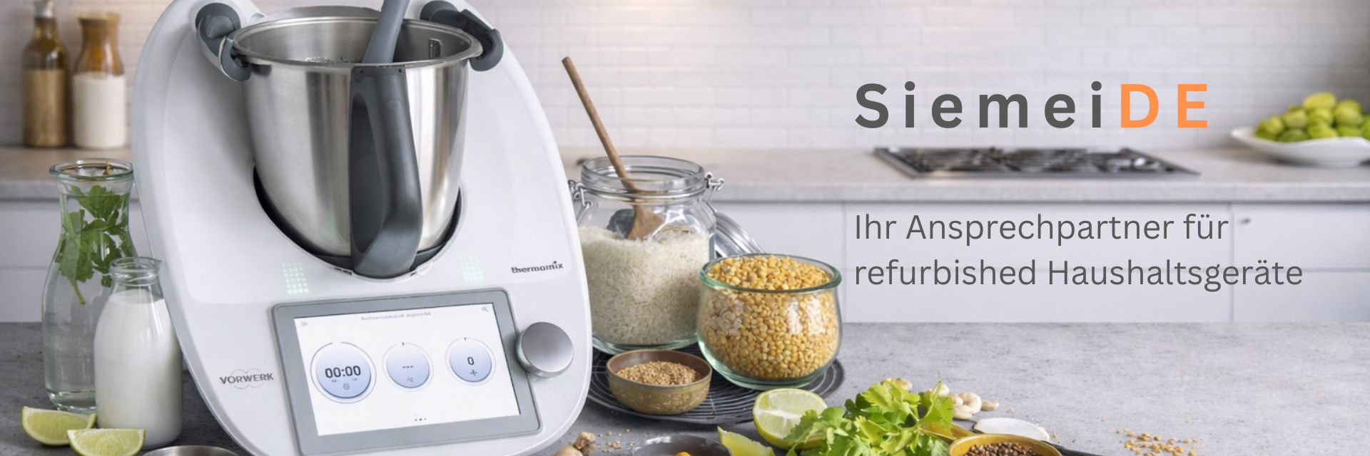 Refurbished Thermomix in moderner Küche mit Zutaten